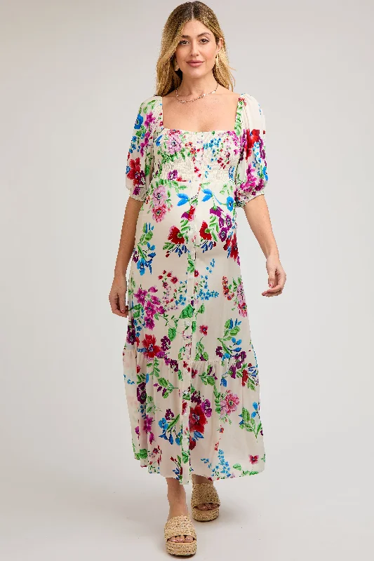 Ivory Floral Front Button Accent Maternity Maxi Dress Fashionable Maxi Dress with Fringe