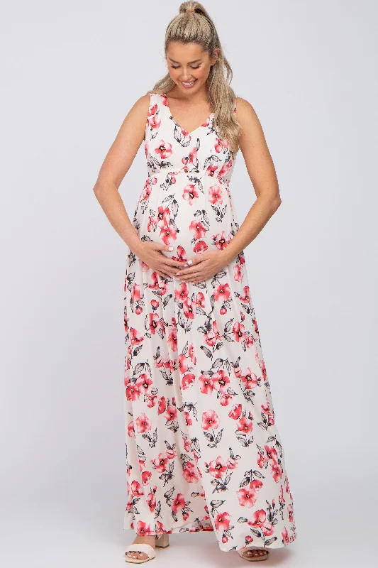 Ivory Floral Waist Tie Maternity Maxi Dress Stylish Longline Maxi Dress