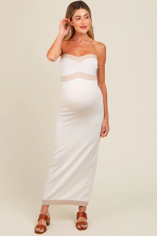 Ivory Strapless Contrast Trim Maternity Maxi Dress Stylish A-Line Maxi Dress