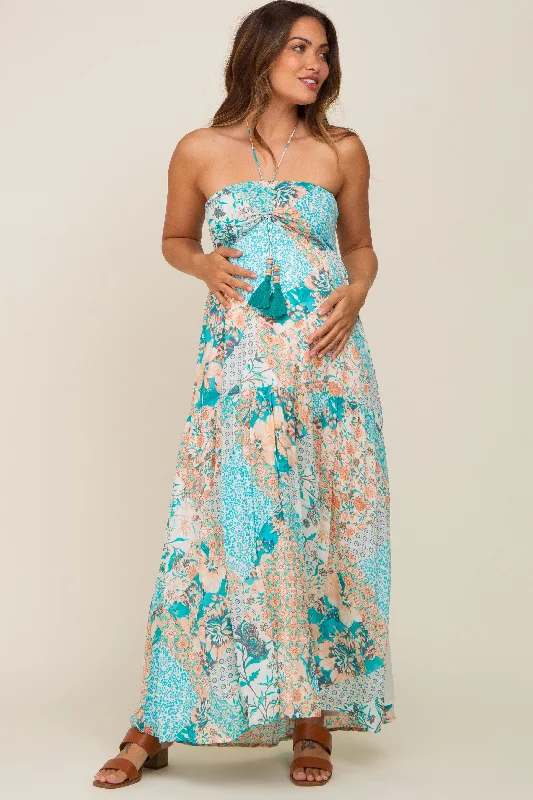 Jade Floral Halter Front Tie Maternity Maxi Dress Trendy Maxi Dress with Lace