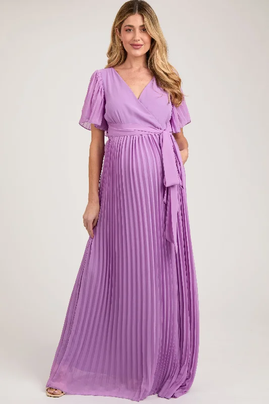 Lavender Chiffon Wrap Front V-Neck Short Sleeve Pleated Maternity Maxi Dress Stylish Button-Up Maxi Dress