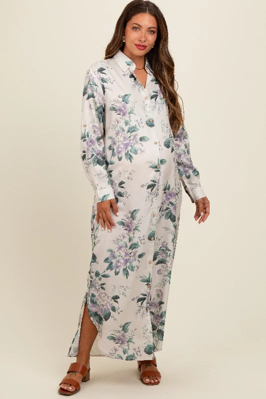 Lavender Floral Button Down Maternity Maxi Dress Stylish Boho Chic Maxi Dress