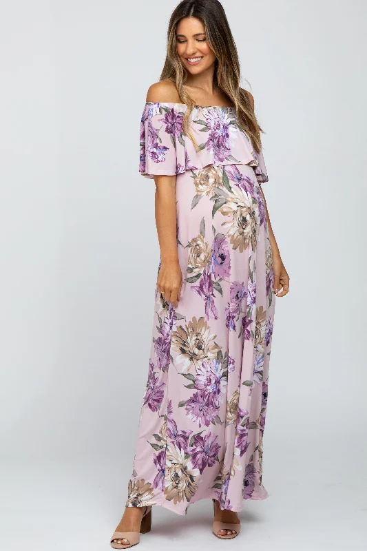 Lavender Floral Flounce Off Shoulder Maternity Maxi Dress Comfortable Plunging Neckline Maxi Dress