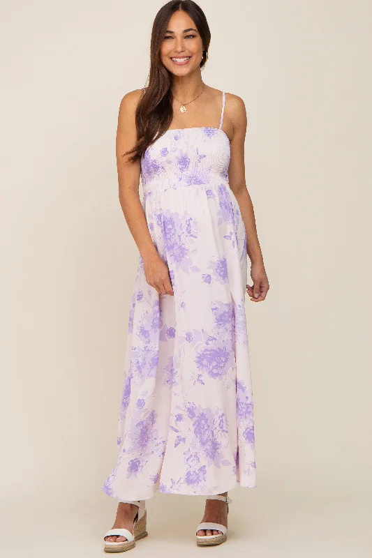 Lavender Floral Sleeveless Smocked Maternity Maxi Dress Fashionable Chiffon Maxi Dress