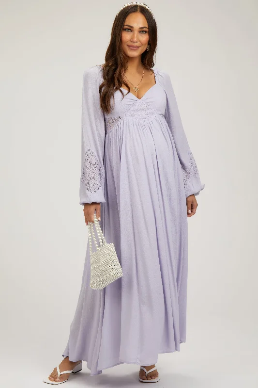 Lavender Lace Accent Long Sleeve Maternity Maxi Dress Fashionable High-Waist Maxi Dress