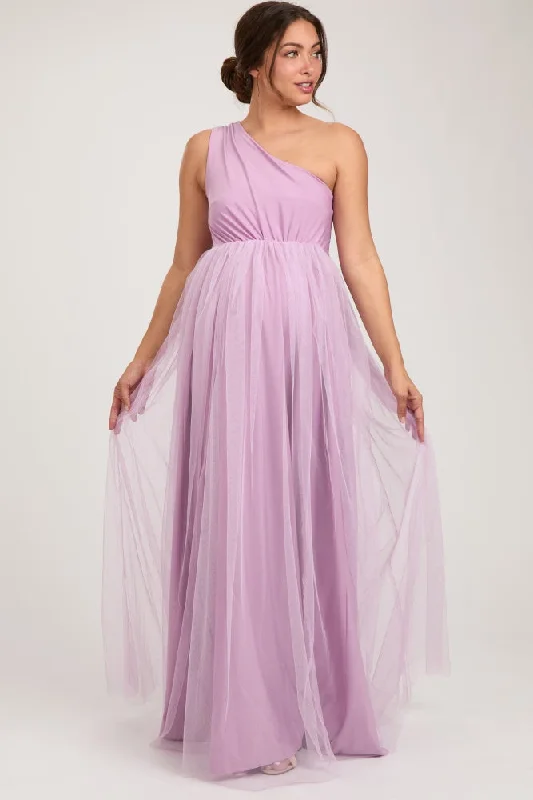 Lavender One Shoulder Tulle Maternity Maxi Dress Stylish Longline Maxi Dress