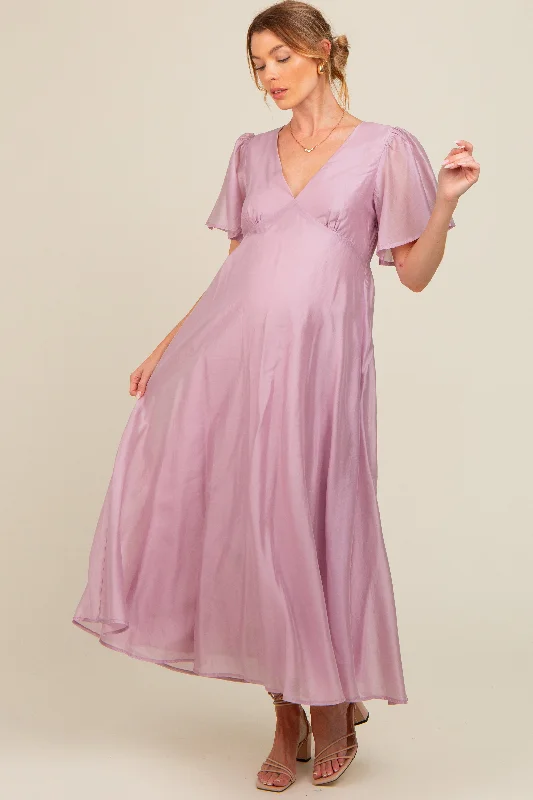 Lavender V-Neck Flutter Sleeve Maternity Maxi Dress Trendy V-Neck Maxi Dress