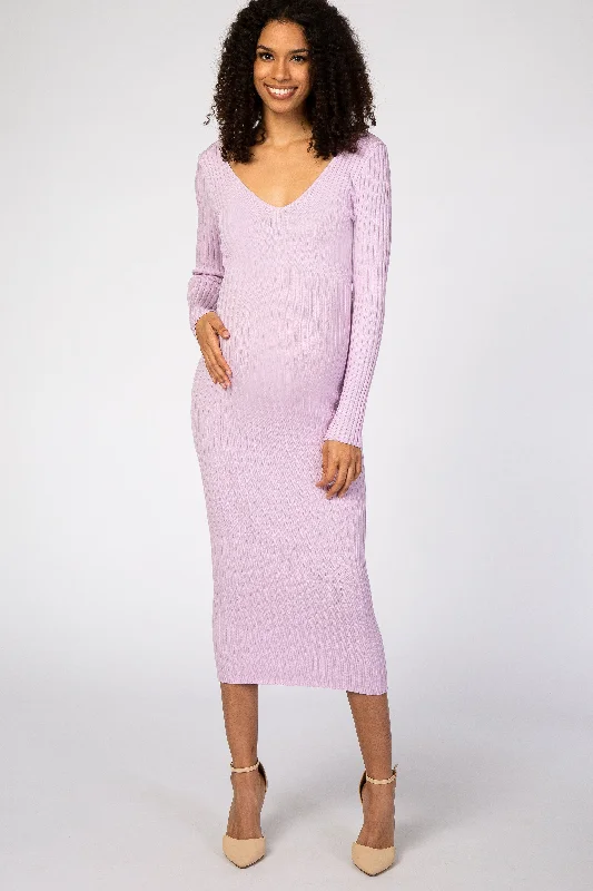 Lavender V-Neck Long Sleeve Fitted Maternity Maxi Dress Trendy Short Sleeve Maxi Dress