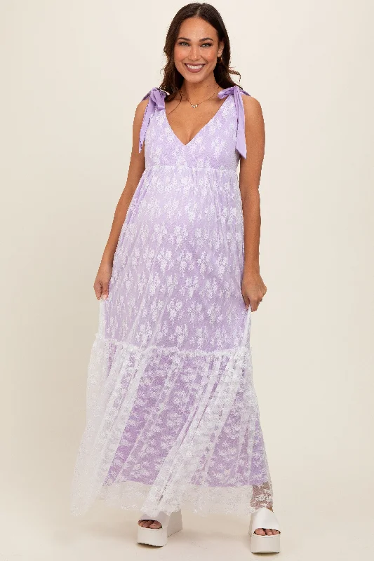 Lavender V-Neck Satin Tie Lace Overlay Maternity Maxi Dress Elegant Maxi Dress with Pockets