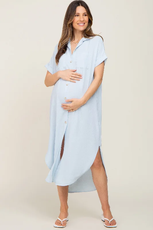 Light Blue Button Down Hi Low Maternity Maxi Dress Trendy Floral Print Maxi Dress