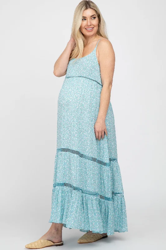 Light Blue Ditsy Floral Crochet Accent Maternity Maxi Dress Comfortable Bohemian Maxi Dress