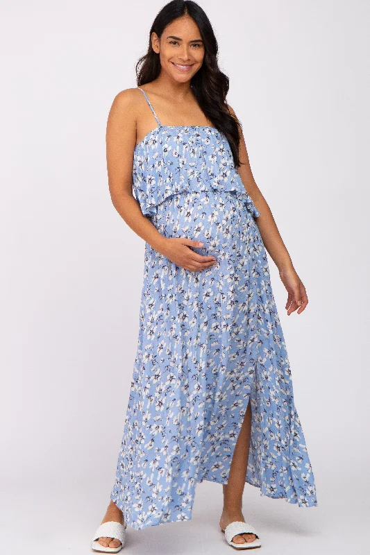 Light Blue Floral Flounce Maternity Maxi Dress Cozy Open-Back Maxi Dress