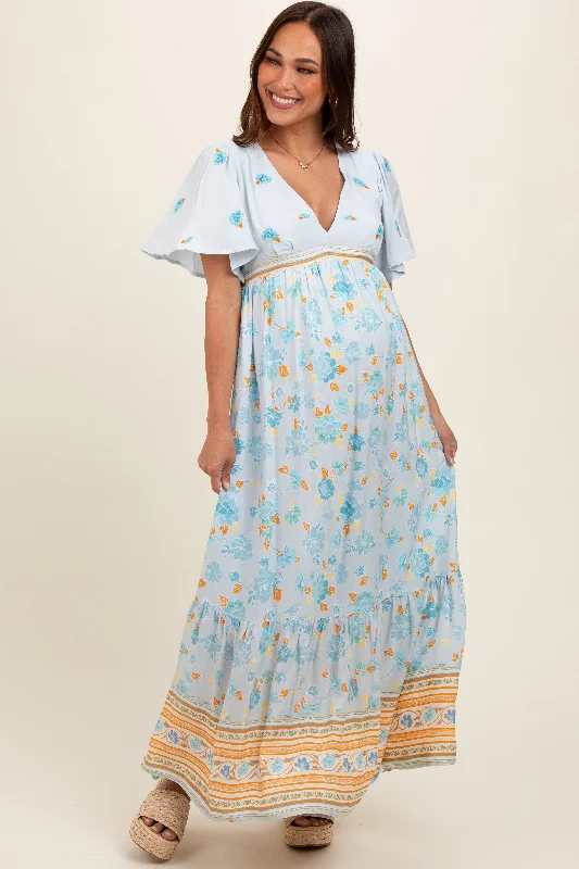 Light Blue Floral Flounce Sleeve Maternity Maxi Dress Comfortable Maxi Dress with Slits