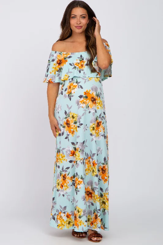 Light Blue Floral Off Shoulder Maternity Maxi Dress Elegant Maxi Dress with Lace