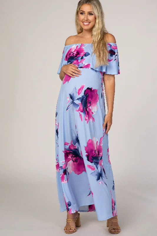 Light Blue Floral Off Shoulder Maternity Maxi Dress Fashionable Halter Neck Maxi Dress