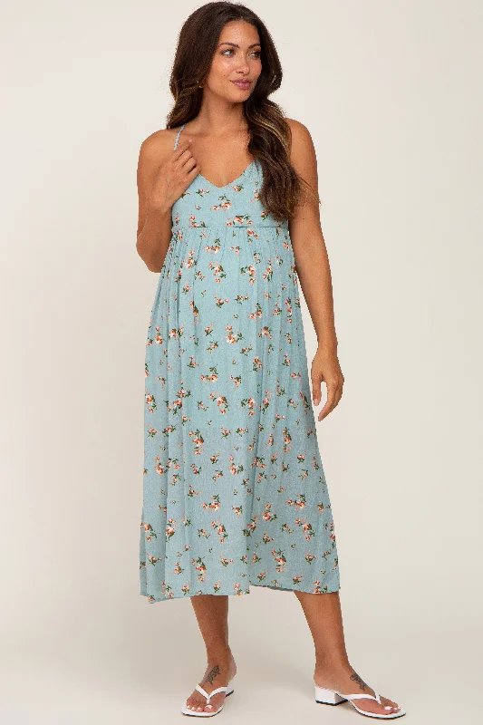 Light Blue Floral Sleeveless Maternity Maxi Dress Trendy Floral Print Maxi Dress