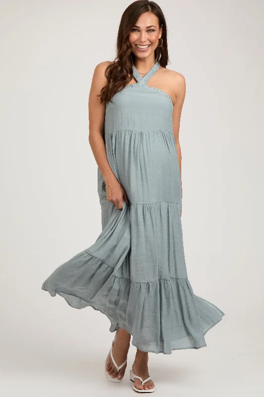 Light Blue Halter Tiered Maternity Maxi Dress Cozy Cold-Shoulder Maxi Dress