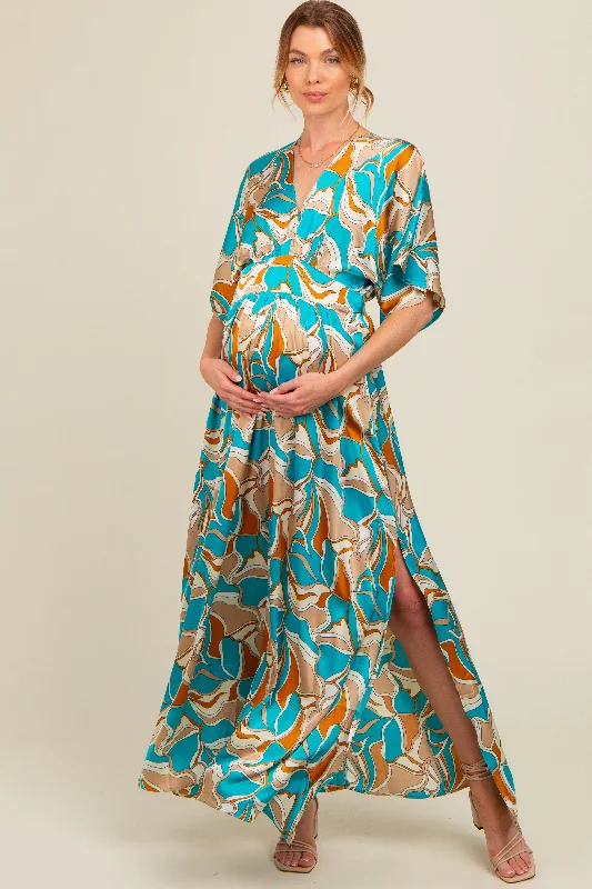 Light Blue Printed Deep V-Neck Maternity Maxi Dress Classic A-Line Maxi Dress