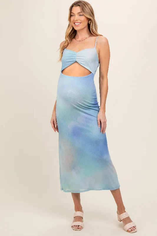 Light Blue Tie Dye Maternity Maxi Dress Cozy Maxi Dress with Slit