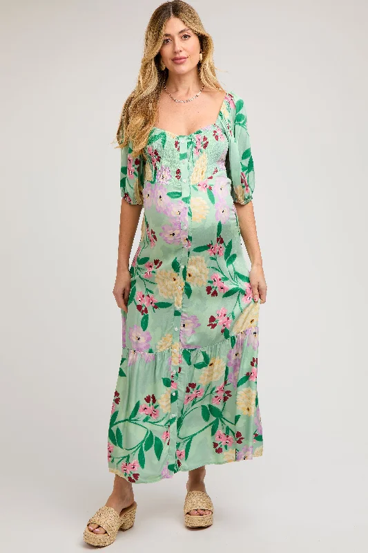 Light Green Floral Front Button Maternity Maxi Dress Trendy V-Neck Maxi Dress