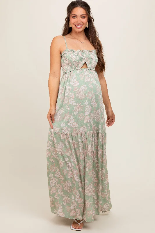 Light Olive Floral Sweetheart Smocked Front Cutout Maternity Maxi Dress Trendy Off-Shoulder Ruffle Maxi Dress