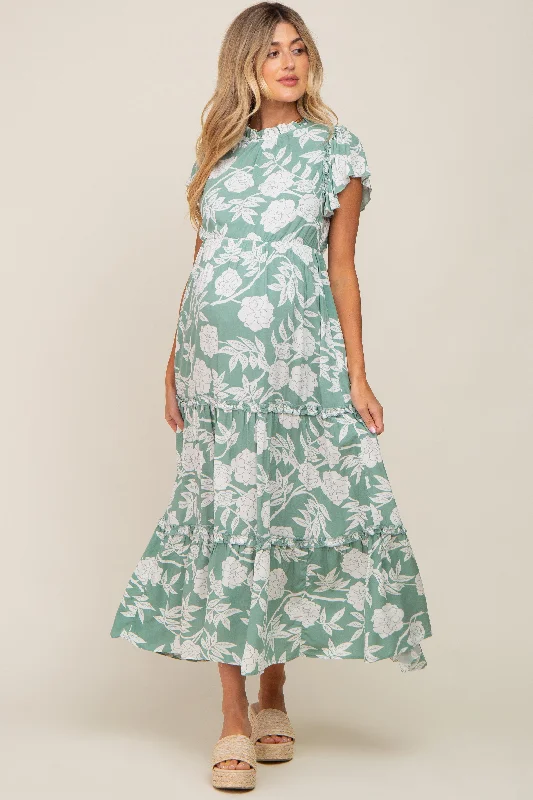 Light Olive Floral Tiered Ruffle Accent Maternity Maxi Dress Stylish A-Line Maxi Dress