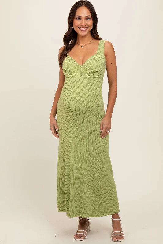 Light Olive Knit Deep V-Neck Maternity Maxi Dress Trendy Maxi Dress with Bow