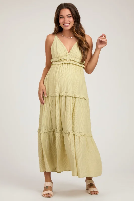 Light Olive Striped Ruffle Tiered Maternity Maxi Dress Comfortable Plunging Neckline Maxi Dress