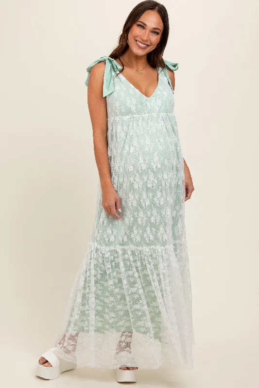 Light Olive V-Neck Satin Tie Lace Overlay Maternity Maxi Dress Elegant Pleated Maxi Dress