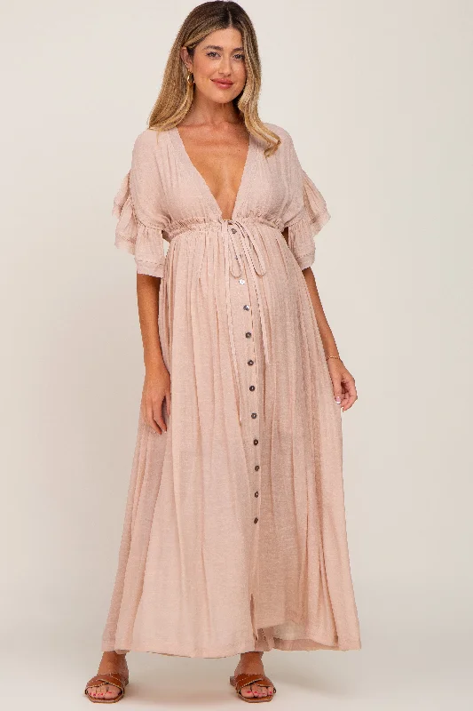 Light Pink Deep V-Neck Button Down Maternity Maxi Dress Comfortable Fitted Maxi Dress