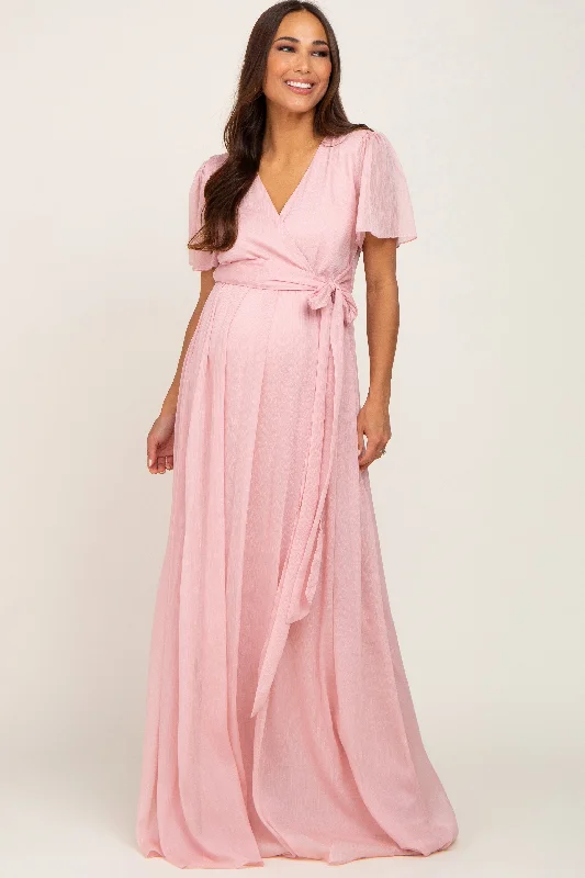 Light Pink Metallic Shimmer Chiffon Maternity Maxi Dress Stylish A-Line Maxi Dress