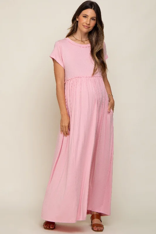 Light Pink Short Sleeve Pocketed Maternity Maxi Dress Trendy Printed Maxi Dress