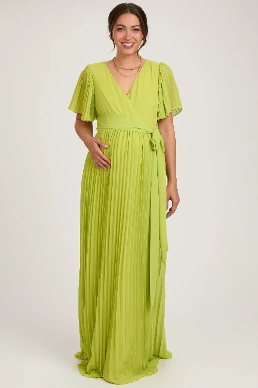 Lime Chiffon Wrap Front V-Neck Short Sleeve Pleated Maternity Maxi Dress Comfortable T-Shirt Maxi Dress