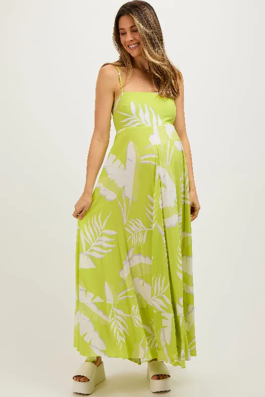 Lime Leaf Print Sleeveless Maternity Maxi Dress Fashionable Off-Shoulder Maxi Dress