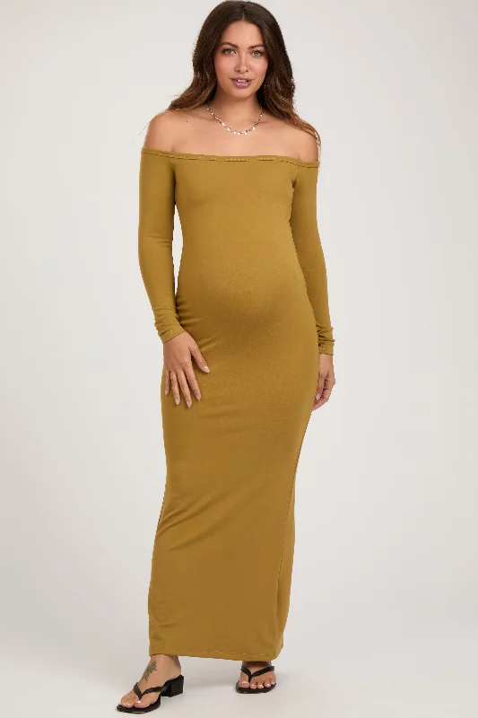 Lime Off Shoulder Long Sleeve Maternity Maxi Dress Comfortable Cotton Maxi Dress