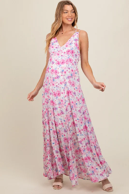 Magenta Floral Crisscross Back Maternity Maxi Dress Fashionable Sleeveless Maxi Dress