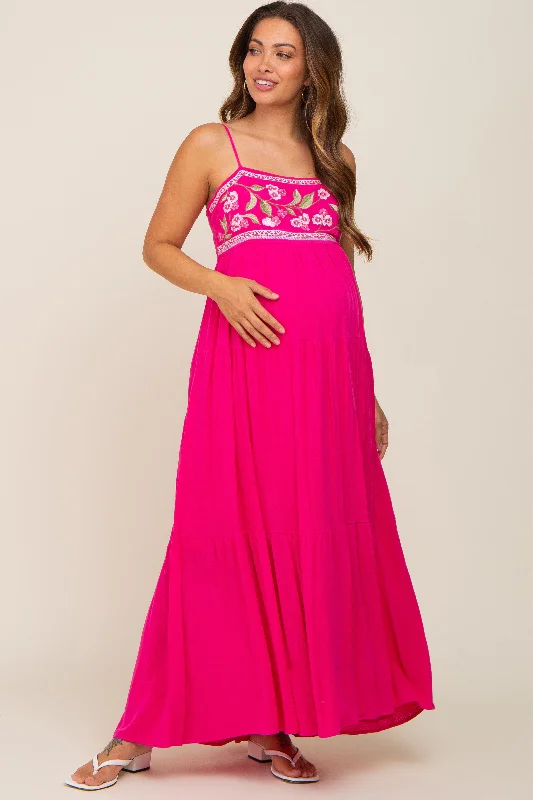 Magenta Floral Embroidery Maternity Maxi Dress Fashionable High-Low Maxi Dress