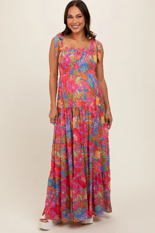 Magenta Floral Shoulder Tier Smocked Maternity Maxi Dress Fashionable Chiffon Tiered Maxi Dress