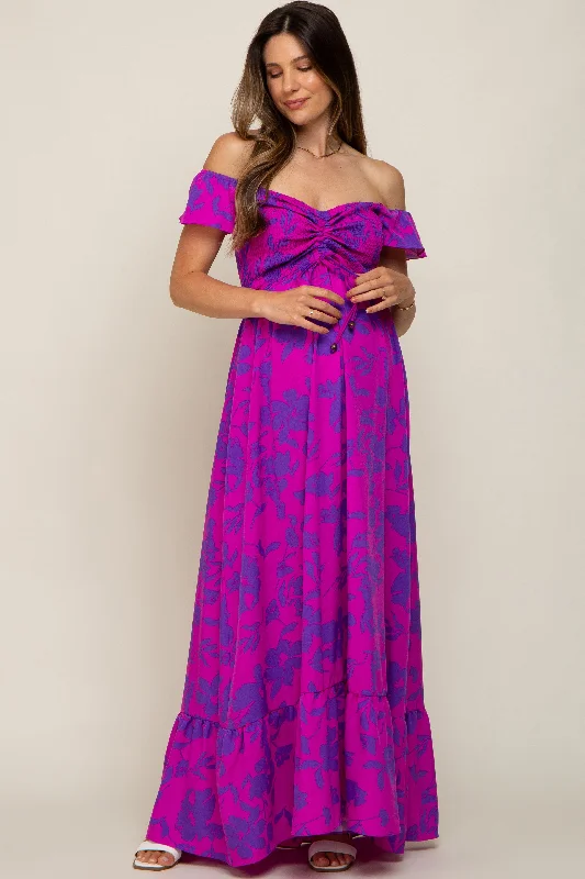 Magenta Floral Smocked Cinched Top Maternity Maxi Dress Chic Sleeveless Maxi Dress