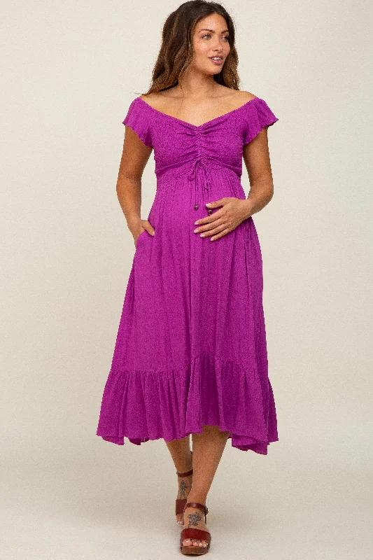 Magenta Smocked Ruched Ruffle Hem Maternity Maxi Dress Trendy Satin Maxi Dress