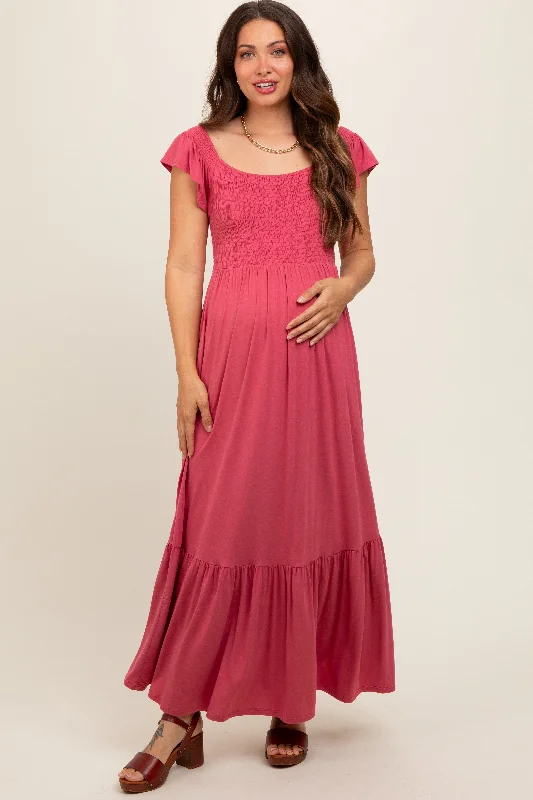 Magenta Smocked Ruffle Hem Maternity Maxi Dress Stylish A-Line Maxi Dress