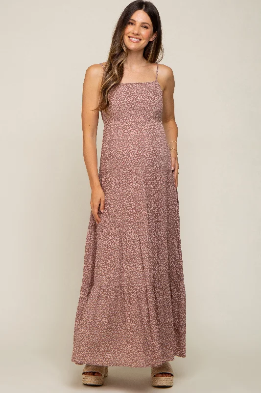 Mauve Ditsy Floral Tiered Maternity Maxi Dress Elegant Silk Maxi Dress