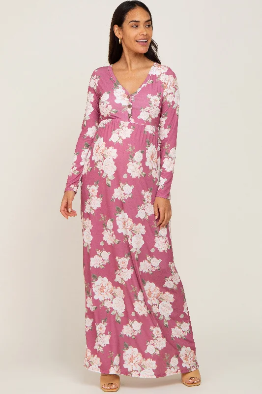 Mauve Floral Button Front Maternity Maxi Dress Cozy Wrap Maxi Dress