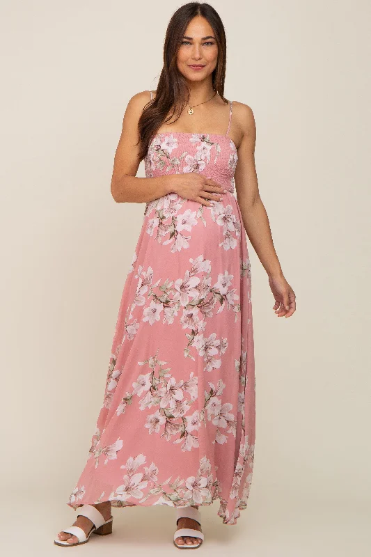 Mauve Floral Sleeveless Smocked Maternity Maxi Dress Elegant Sleeveless Maxi Dress