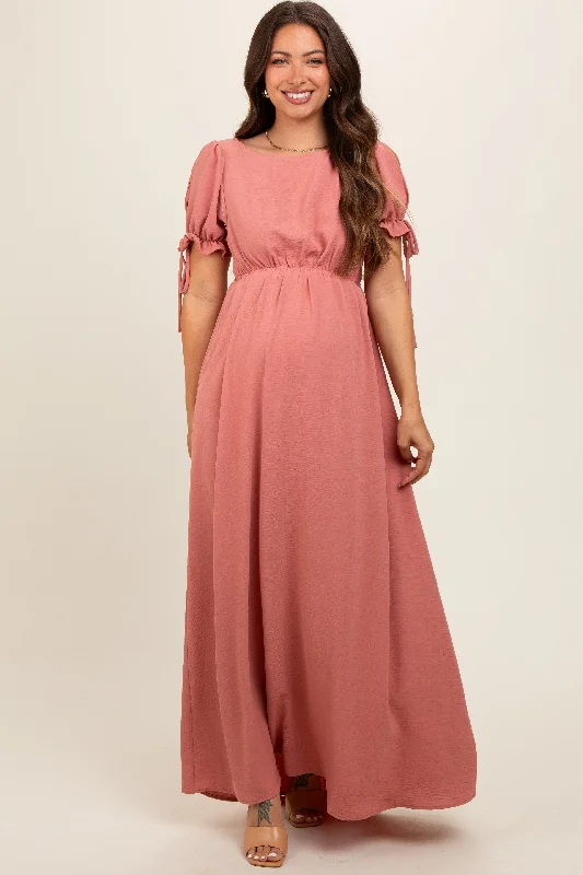 Mauve Open Back Maternity Maxi Dress Cozy Ruffle Sleeve Maxi Dress