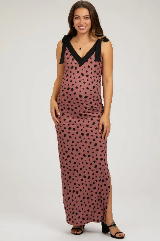 Mauve Ribbed Polka Dot Shoulder Tie Maternity Maxi Dress Elegant Lace-Up Maxi Dress