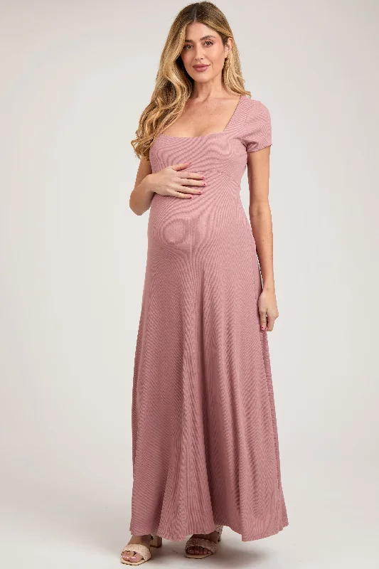 Mauve Ribbed Square Neck Short Sleeve Maternity Maxi Dress Cozy Longline Maxi Dress