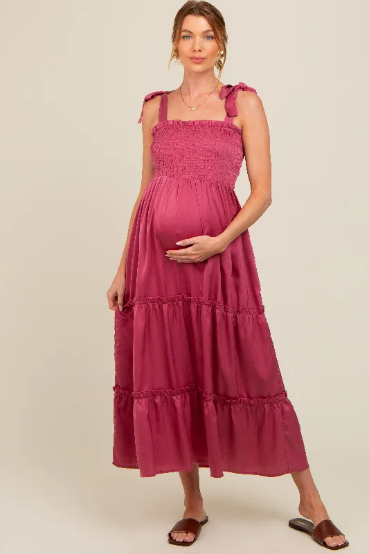 Mauve Satin Smocked Maternity Maxi Dress Elegant Lace-Up Maxi Dress