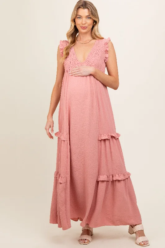 Mauve Smocked Ruffle V-Neck Maternity Maxi Dress Cozy Maxi Dress with Slit