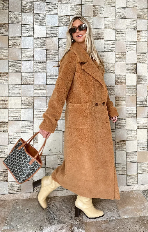 Melrose Teddy Jacket ~ Camel Faux Sherpa Welt Pockets Slit Pockets Flap Pockets